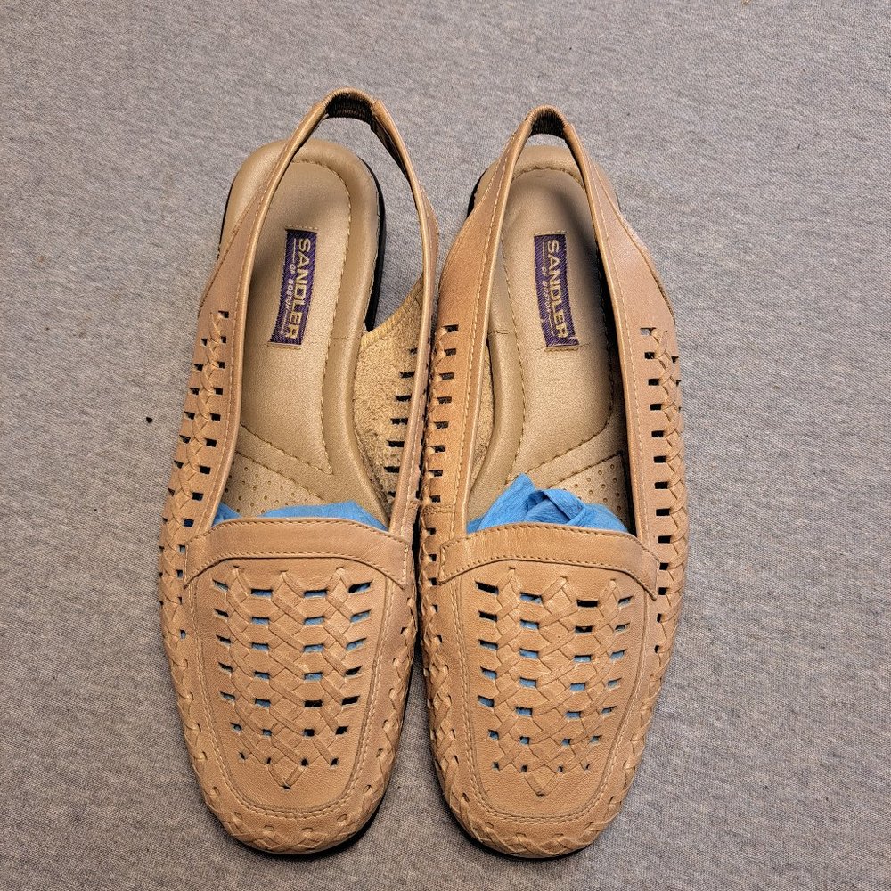SANDLER OF BOSTON SLINGBACK FLATS WOMENS SIZE 8.5W TAN LEATHER VENTED LOAFERS